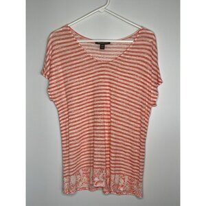 Tommy Bahama 100% Cotton Orange White Stripe Top Floral Hem Scoop‎ Neck Medium